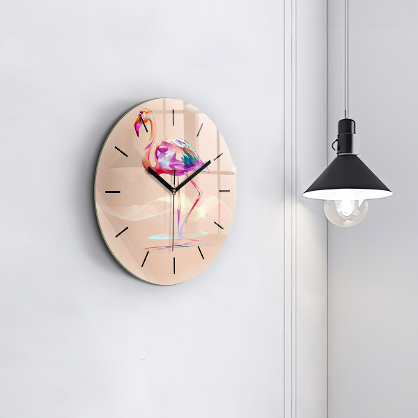 Round glass wall clock Flamingo illustration