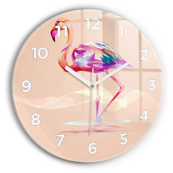 Round glass wall clock Flamingo illustration