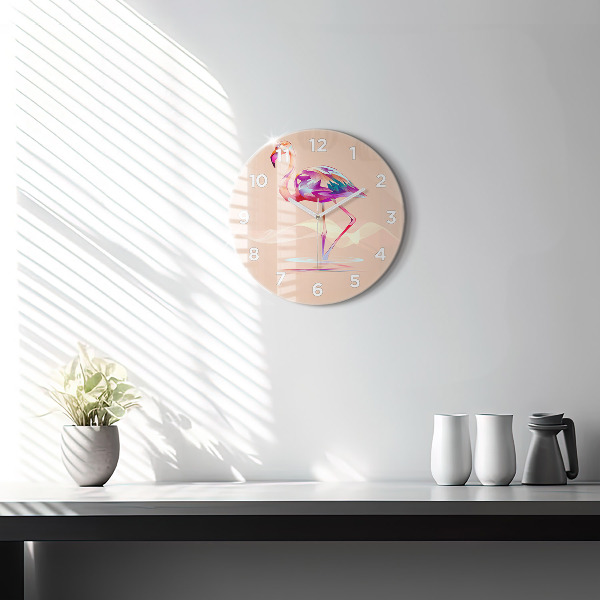 Round glass wall clock Flamingo illustration
