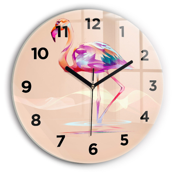 Round glass wall clock Flamingo illustration