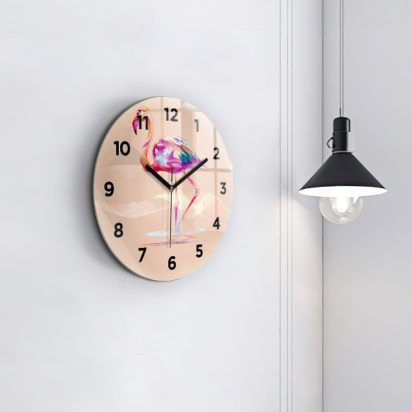 Round glass wall clock Flamingo illustration