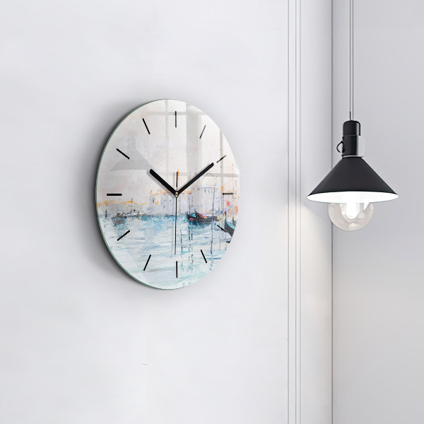 Round glass wall clock Oil painting yacht sea
