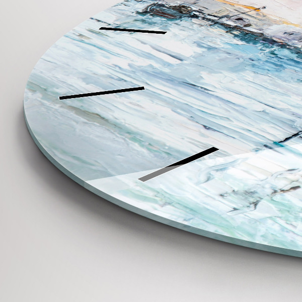 Round glass wall clock Oil painting yacht sea