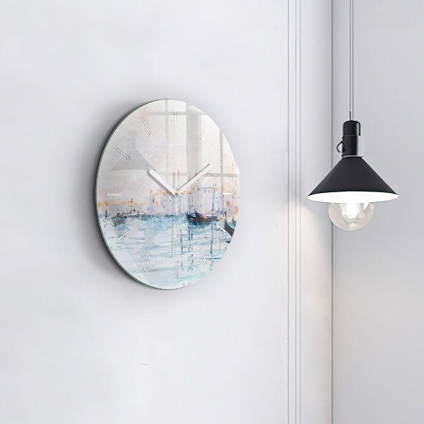 Round glass wall clock Oil painting yacht sea