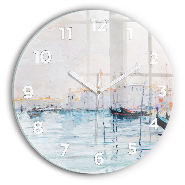 Round glass wall clock Oil painting yacht sea