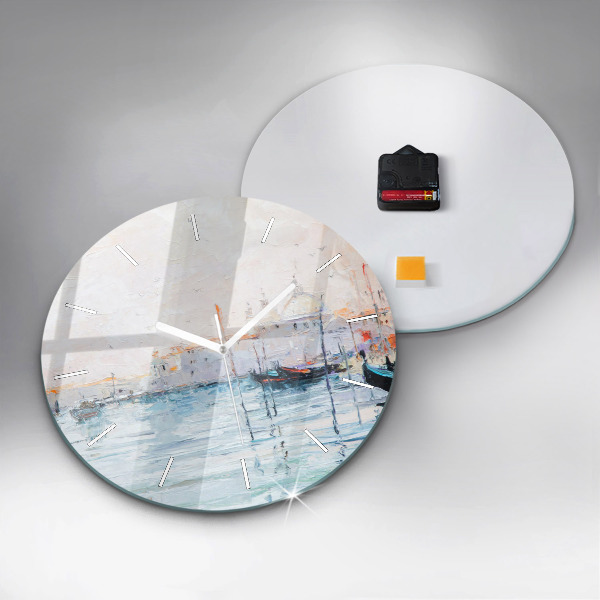 Round glass wall clock Oil painting yacht sea