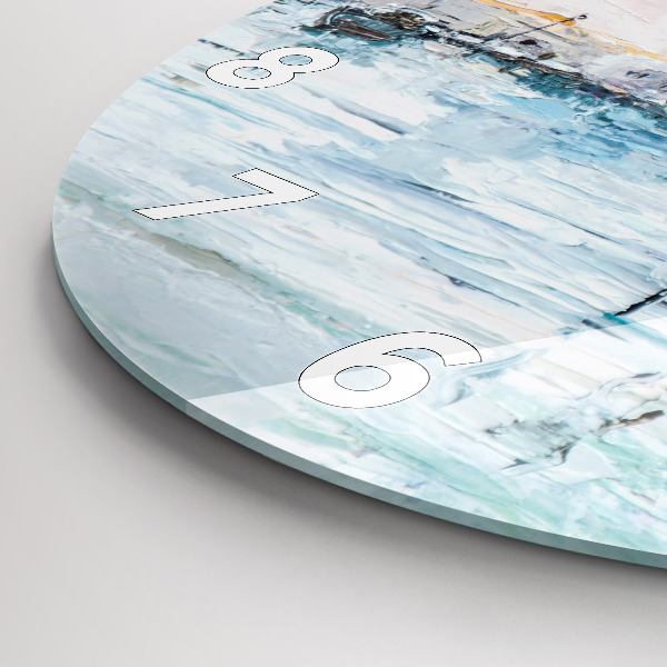 Round glass wall clock Oil painting yacht sea