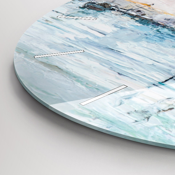 Round glass wall clock Oil painting yacht sea