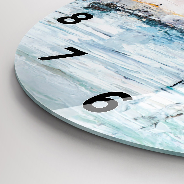 Round glass wall clock Oil painting yacht sea