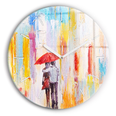 Round glass wall clock Couple in the rain