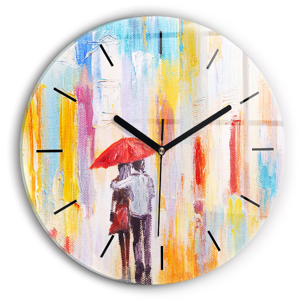 Round glass wall clock Couple in the rain