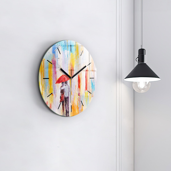 Round glass wall clock Couple in the rain