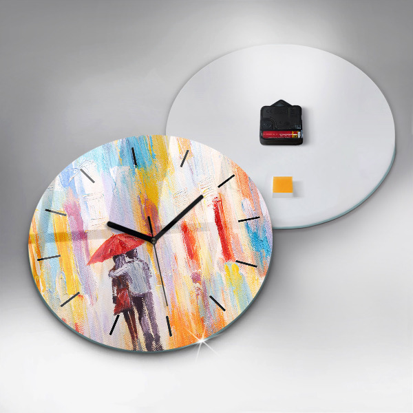 Round glass wall clock Couple in the rain