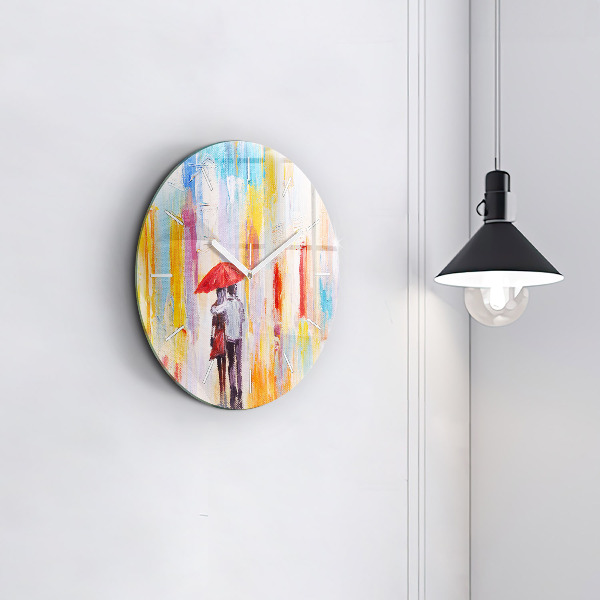 Round glass wall clock Couple in the rain