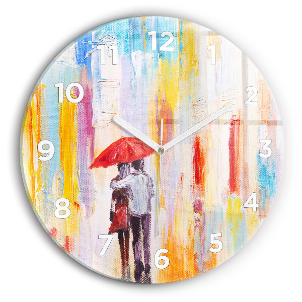 Round glass wall clock Couple in the rain