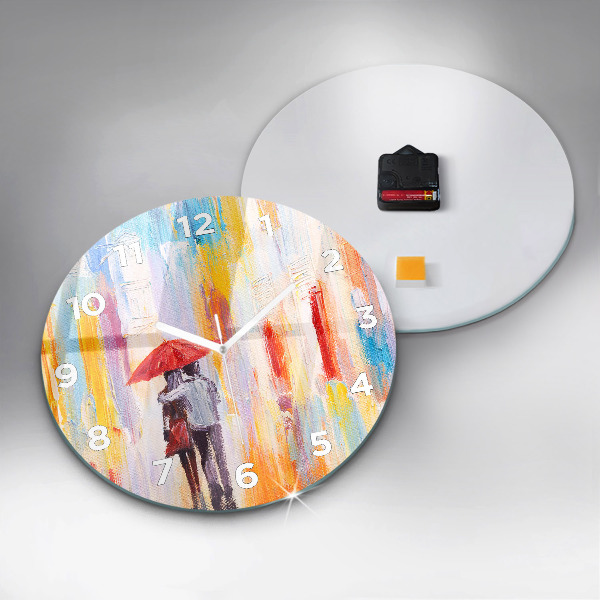 Round glass wall clock Couple in the rain