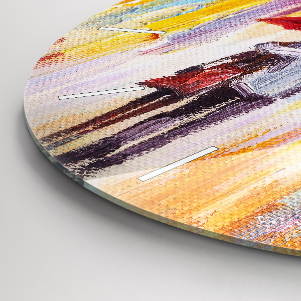 Round glass wall clock Couple in the rain
