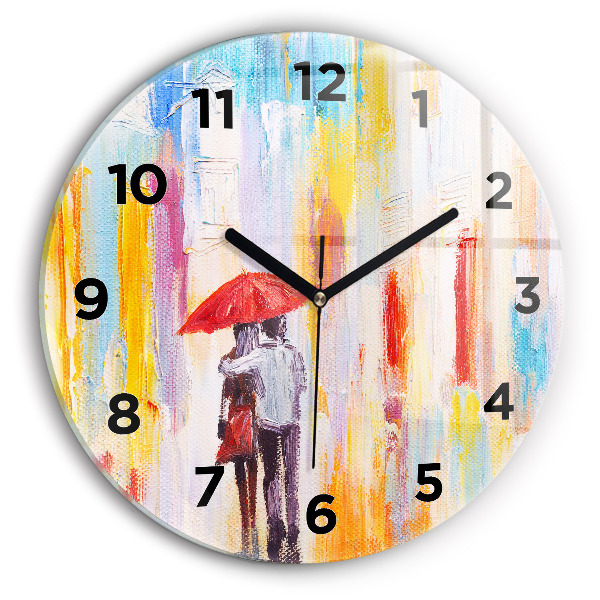 Round glass wall clock Couple in the rain