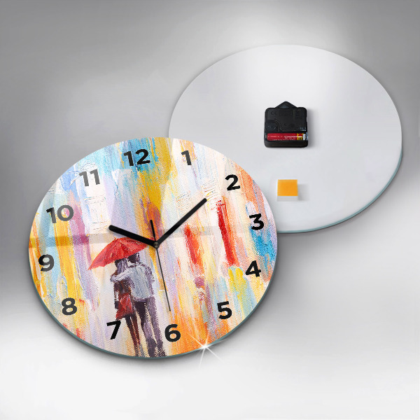 Round glass wall clock Couple in the rain