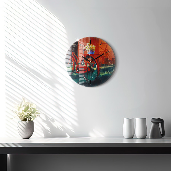 Round glass wall clock Painted bike