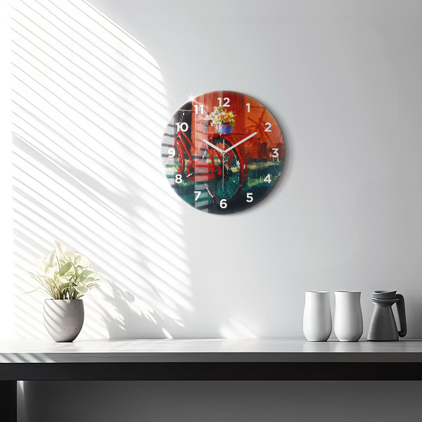 Round glass wall clock Painted bike