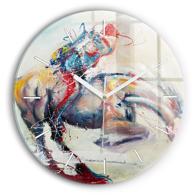 Round glass wall clock Illustration of galloping horses