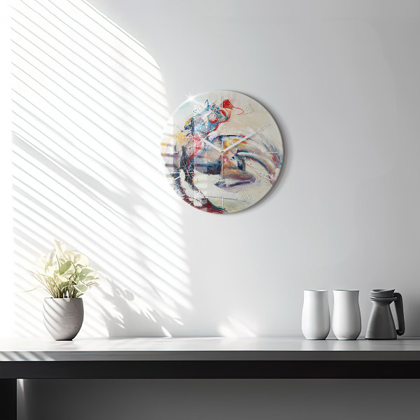 Round glass wall clock Illustration of galloping horses