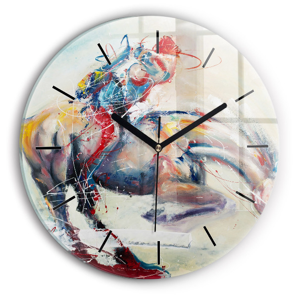 Round glass wall clock Illustration of galloping horses