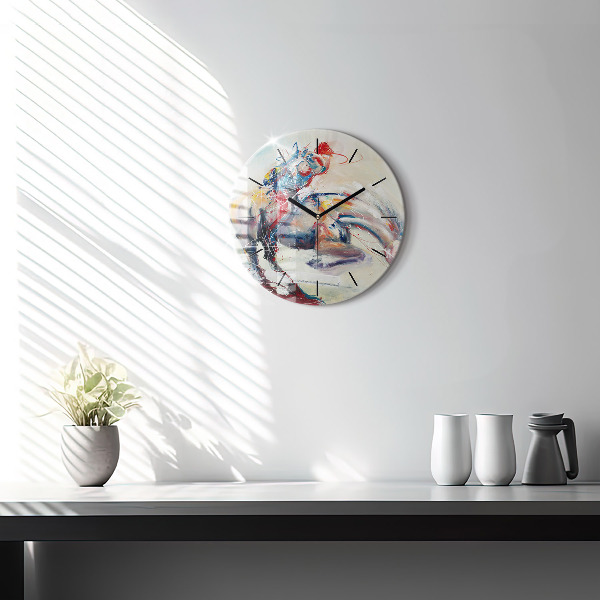 Round glass wall clock Illustration of galloping horses