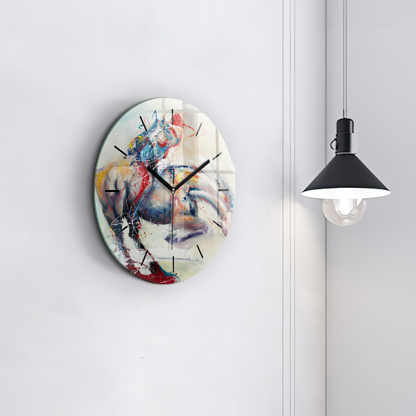 Round glass wall clock Illustration of galloping horses