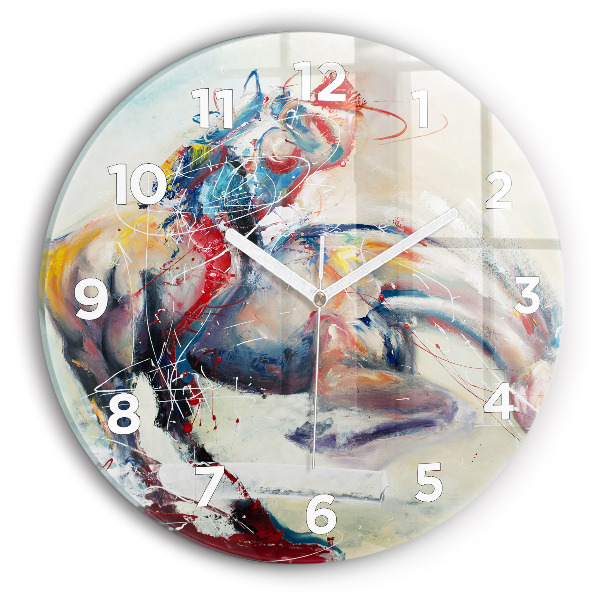 Round glass wall clock Illustration of galloping horses