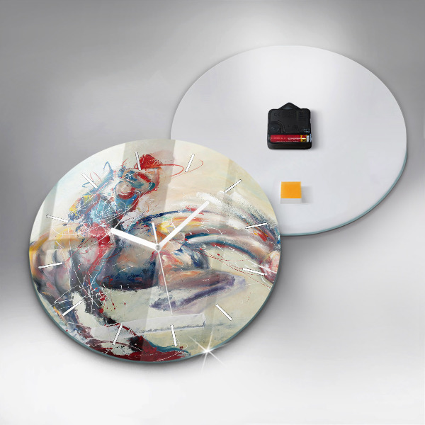 Round glass wall clock Illustration of galloping horses