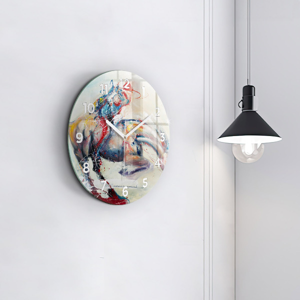 Round glass wall clock Illustration of galloping horses
