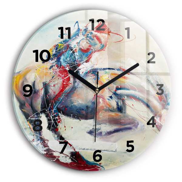 Round glass wall clock Illustration of galloping horses
