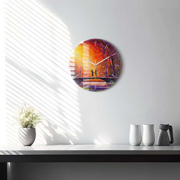Round glass wall clock Couple in the forest