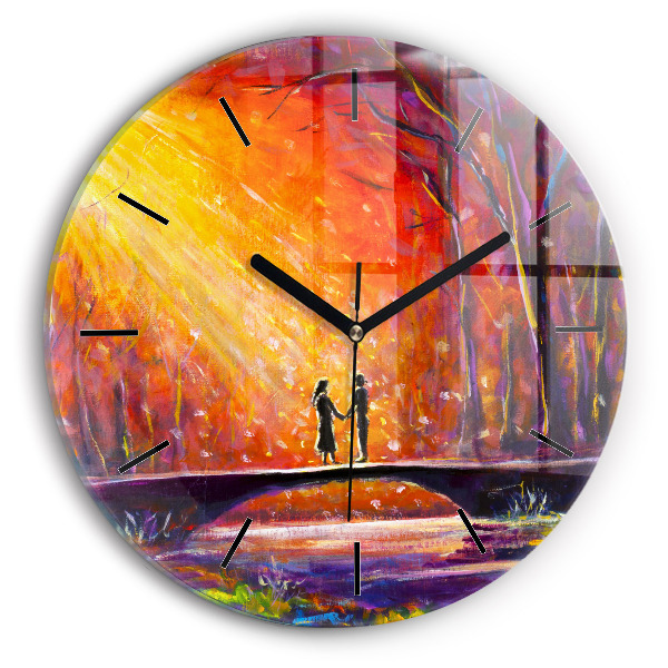 Round glass wall clock Couple in the forest