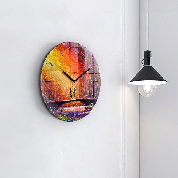 Round glass wall clock Couple in the forest