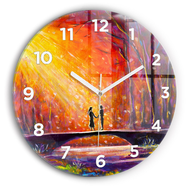 Round glass wall clock Couple in the forest