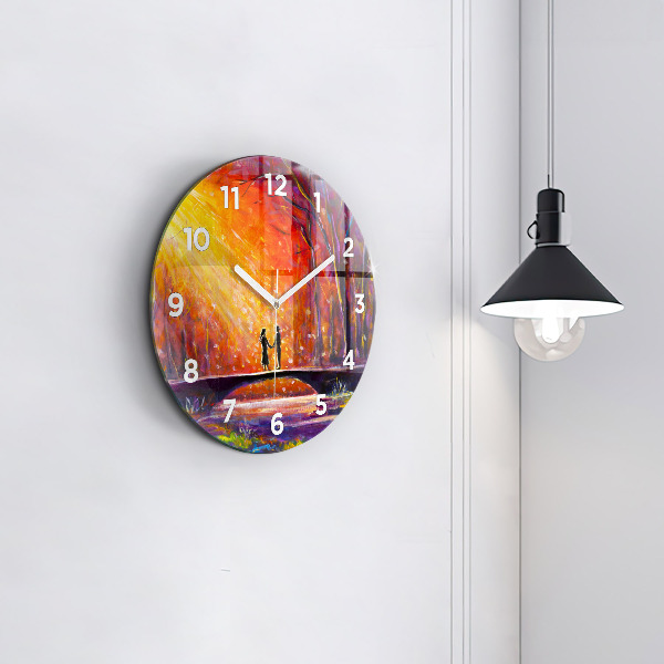 Round glass wall clock Couple in the forest