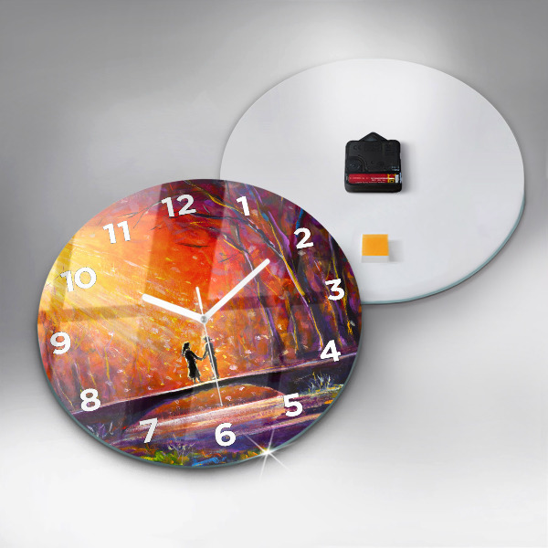 Round glass wall clock Couple in the forest
