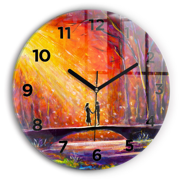 Round glass wall clock Couple in the forest