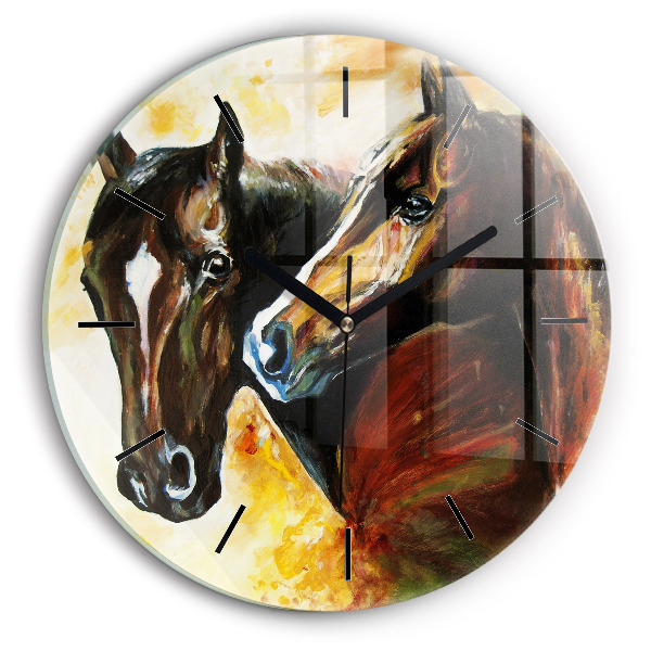 Round glass wall clock Two painted horses