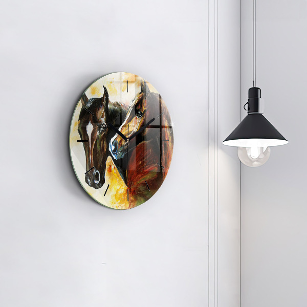Round glass wall clock Two painted horses