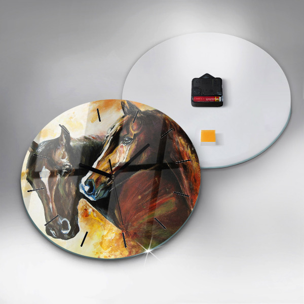 Round glass wall clock Two painted horses