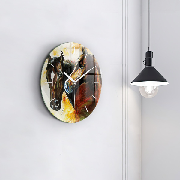 Round glass wall clock Two painted horses