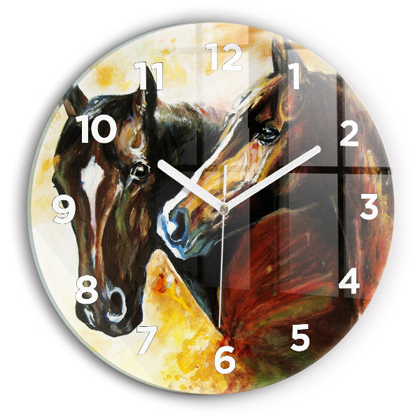 Round glass wall clock Two painted horses