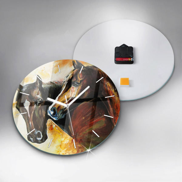 Round glass wall clock Two painted horses