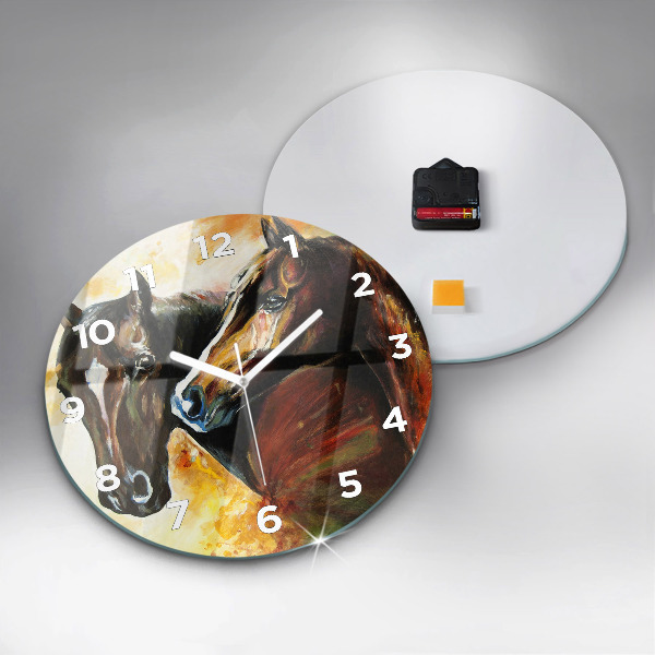 Round glass wall clock Two painted horses