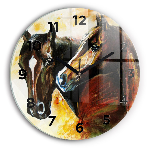 Round glass wall clock Two painted horses