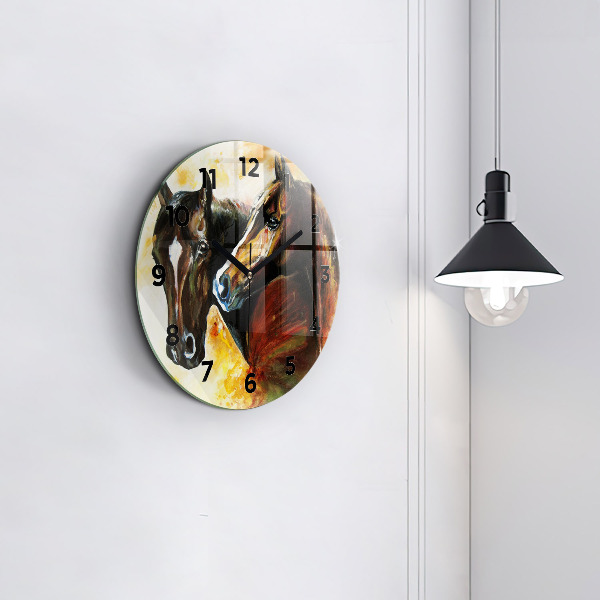 Round glass wall clock Two painted horses